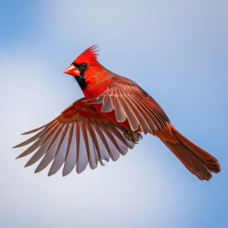 A male Northern Cardinal in stunning red plumage soars through a clear blue sky. Its wings are spread wide showcasing intricate feather detail during its graceful flight.の素材