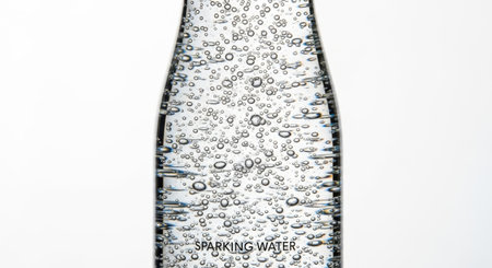 A clear glass bottle filled with sparkling water, showcasing numerous bubbles throughout. The bottle is labeled 'SPARKLING WATER' near the bottom, set against a plain white background.の素材