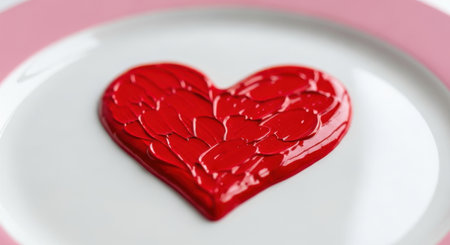 A close-up image of a white plate with a red, heart-shaped object placed on it. The heart appears to be made of a smooth, glossy material, possibly wax or candy. The background is blurred, focusing attention on the heart and plate.の素材