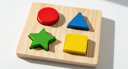 A wooden puzzle board featuring four distinct colorful shapes: a red circle, a blue triangle, a green star, and a yellow square. Each shape is designed to fit into corresponding slots on the puzzle board, promoting educational play and motor skill development.の素材