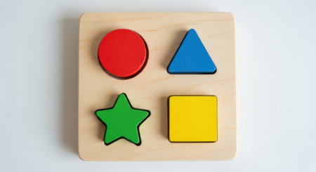 This image shows a wooden puzzle board featuring four distinct shapes: a red circle, a blue triangle, a green star, and a yellow square. Each shape is designed to fit into its respective slot on the board, promoting educational play and shape recognition for children.の素材