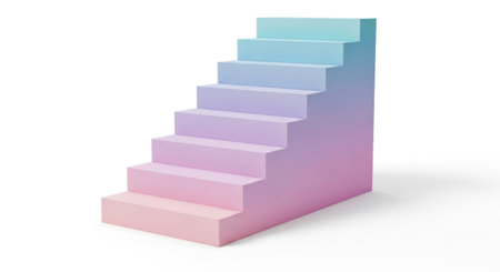 This image depicts a stylized staircase composed of blocks that transition through a gradient of colors. The blocks start with a light pink hue at the bottom and gradually shift to a light blue shade at the top. The staircase appears to be ascending diagonally to the right, creating a sense of movement and progression. The design is minimalistic, with smooth edges and a clean, white background.の素材