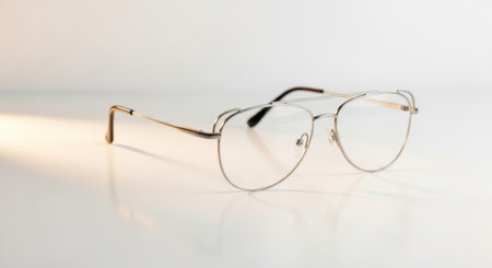 The image showcases a pair of stylish round eyeglasses with a thin metal frame resting on a reflective surface. The glasses have a sleek design, featuring a gold-colored frame and clear lenses. The reflective surface beneath the glasses creates a mirror-like effect, adding depth to the composition. The overall setting is minimalistic and modern, emphasizing the elegance of the eyeglasses.の素材