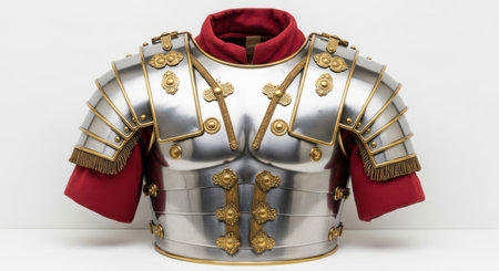 This image depicts a detailed medieval armor torso piece. The armor is crafted from metal and features intricate designs with golden accents. The shoulders and chest are adorned with decorative elements, and the collar is lined with red fabric. The armor is designed to protect the wearer while adding a touch of elegance.の素材
