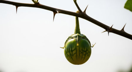 A green, round vegetable with a bumpy texture hangs from a thorny branch against a clear sky background. The branch has several sharp thorns, and the vegetable appears to be ripening in the sunlight.の素材