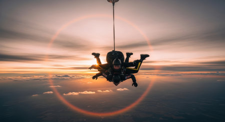 Two individuals in tandem parachute gear freefall against a vibrant sunset, with clouds below.の素材