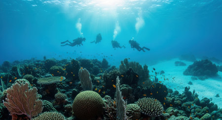 Sunlight streams down on a diverse coral reef teeming with marine life, as divers explore the underwater world.の素材