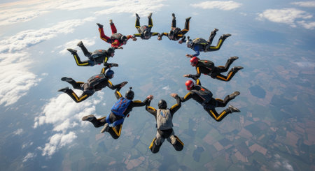 A group of skydivers in colorful gear create a stunning circular arrangement while falling through the sky.の素材