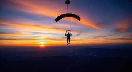 A lone paraglider suspended in the air, silhouetted against a breathtaking, colorful twilight.の素材