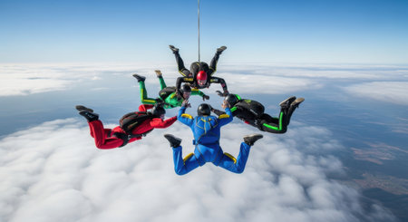 A group of individuals in colorful jumpsuits perform a formation jump high above a blanket of clouds.の素材