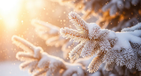 Close-up of snow-laden pine needles catching warm sunlight, with falling snow creating a magical winter atmosphere.の素材