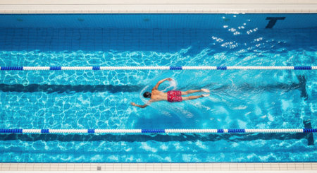 A single individual swims laps in a bright blue aquatic facility, creating ripples in the water.の素材