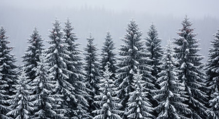 A dense forest of snow-laden evergreen trees creates a serene winter landscape with a muted, overcast sky.の素材