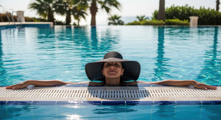 A woman enjoys a refreshing dip in a clear blue swimming pool, wearing a stylish hat.の素材