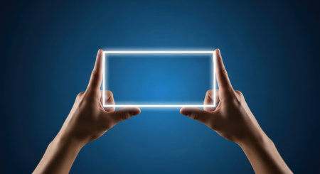 Two hands hold a luminous rectangular border, suggesting a digital display or interface against a dark blue backdrop.の素材