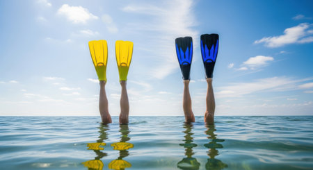 Yellow and blue flippers stand upright in the clear blue water, reflecting the sky.の素材