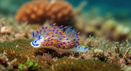A detailed view of a brightly colored nudibranch moving across a textured ocean floor.の素材