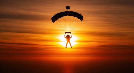 A lone paraglider is silhouetted against a fiery sunset, appearing to float in the sky.の素材