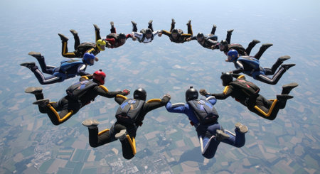 A group of skydivers in mid-air, arranged in a circular pattern, demonstrating aerial acrobatics.の素材