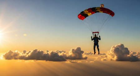 A lone skydiver with a vibrant parachute navigates the sky above a sea of clouds at sunset.の素材