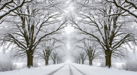 A serene, symmetrical path lined with bare, snow-laden trees creates a magical winter wonderland scene.の素材