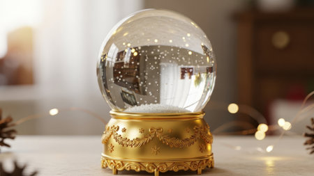A beautifully crafted snow globe sits on a table, adorned with festive decorations. The globe features a golden base with intricate designs and a clear glass dome filled with sparkling snowflakes. The scene inside the globe depicts a cozy winter landscape, enhancing the holiday spirit.の素材