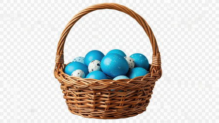 A woven basket filled with vibrant blue Easter eggs, some of which are decorated with white polka dots. The basket has a sturdy wooden handle and is placed against a plain background, highlighting the festive and colorful contents.の素材