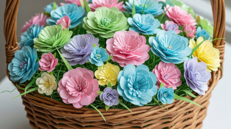 A woven basket filled with an assortment of beautifully crafted paper flowers in various colors including pink, blue, purple, and yellow. The flowers are arranged in a lush, vibrant display, creating a delightful and cheerful scene.の素材
