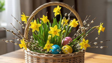 A beautifully arranged Easter basket filled with bright yellow daffodils and colorful Easter eggs. The basket is placed on a wooden table, surrounded by delicate branches, creating a festive and cheerful atmosphere.の素材