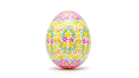 A beautifully decorated Easter egg with intricate floral patterns in vibrant colors including pink, yellow, and blue. The egg is set against a plain white background, making the colors stand out prominently. The design features symmetrical, repeating floral motifs that cover the entire surface of the egg, creating a visually appealing and festive appearance.の素材