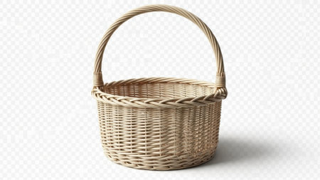 This image features a handwoven wicker basket with a sturdy handle. The basket is crafted from natural materials and has a light, beige color. It is designed for carrying items such as fruits, vegetables, or other small goods. The basket's handle is securely attached, making it easy to carry. The overall design is simple yet functional, making it a versatile addition to any home.の素材