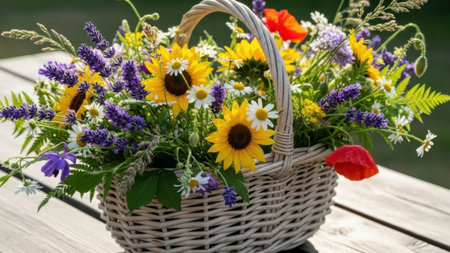 A beautifully arranged basket filled with a variety of colorful wildflowers, including sunflowers, daisies, and purple blooms. The basket sits on a wooden surface, showcasing the natural beauty and diversity of the flowers.の素材