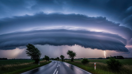 A dramatic scene unfolds as a massive, dark storm cloud looms over a winding rural road. The sky is filled with ominous, heavy clouds, and a bright lightning strike illuminates the horizon. The road stretches into the distance, flanked by fields and trees, creating a sense of isolation and the raw power of nature.の素材