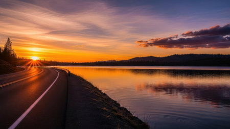 A serene landscape featuring a sunset over a calm lake, with a curving road running alongside it. The sky is painted with hues of orange and pink, reflecting beautifully on the water's surface. Trees and hills frame the background, adding depth to the tranquil scene.の素材