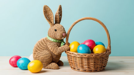 A charming wicker bunny sits next to a basket filled with vibrant Easter eggs. The scene is set against a calming blue background, evoking the joyful spirit of Easter. The bunny, adorned with a green ribbon, adds a touch of whimsy to the festive display.の素材