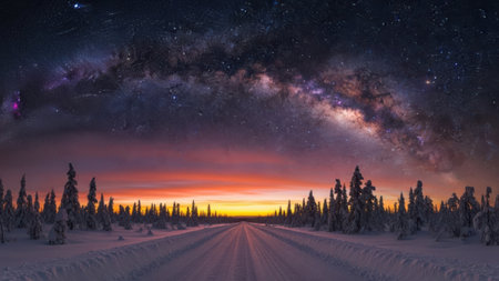 A breathtaking nighttime scene captures the Milky Way galaxy stretching across the sky, with a vibrant aurora illuminating the horizon. The landscape is covered in snow, and a long, straight road cuts through a dense forest of evergreen trees. The tranquility and beauty of the winter night are highlighted by the celestial display.の素材