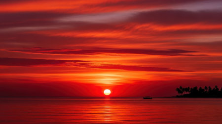 This image captures a breathtaking sunset over a tranquil body of water. The sky is painted with hues of red, orange, and yellow, creating a stunning contrast with the calm waters below. The horizon line is clearly visible, with a distant shoreline silhouetted against the vibrant sky. The scene evokes a sense of peace and serenity, perfect for reflection and relaxation.の素材