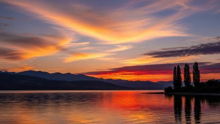 A tranquil lake reflects the vibrant hues of a setting sun, with silhouettes of tall trees standing on the shore. The sky is painted with shades of orange, pink, and purple, creating a picturesque scene. In the distance, mountains add depth to the landscape, enhancing the overall beauty of the sunset.の素材