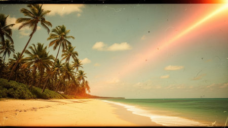 A serene tropical beach at sunset, featuring tall palm trees along the shore. The sky is painted with hues of orange and pink, and a rainbow forms an arc over the horizon. Gentle waves lap against the sandy beach, creating a tranquil atmosphere.の素材
