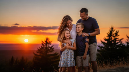 A family of four, consisting of two adults and two children, is enjoying a beautiful sunset. They are standing close together, smiling and posing for the camera. The backdrop features a stunning sunset with hues of orange and pink, and the silhouettes of trees can be seen in the distance. The family appears to be on a hill or elevated area, giving them a clear view of the horizon.の素材