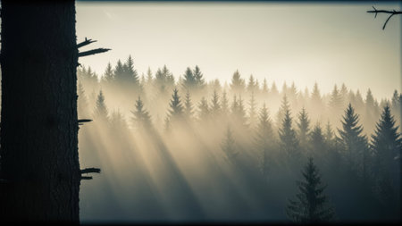 A tranquil forest scene at sunrise, with sunlight filtering through the dense trees, creating a serene and mystical atmosphere. The mist adds a sense of calm and mystery to the landscape.の素材