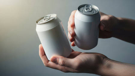 The image depicts two hands holding a white can in each hand. The cans are identical in appearance, and one hand is holding the can upright while the other hand is tilting the can slightly. The background is plain and neutral, focusing attention on the hands and cans.の素材
