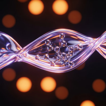 A close-up view of a translucent, twisting DNA helix. Inside, a shimmering crystalline substance is visible. The background features softly blurred warm golden bokeh lights creating a captivating scientific abstract.の素材