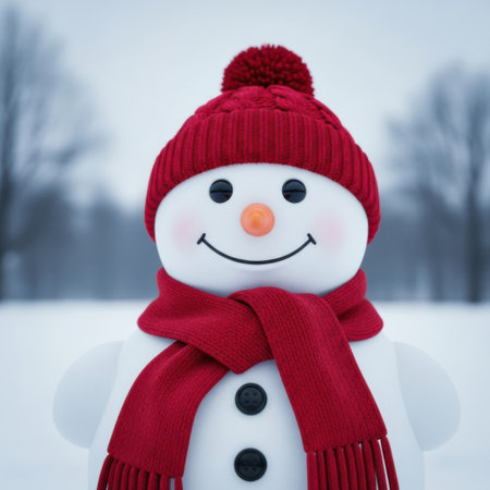 A joyful snowman with a big smile, a cozy red knitted hat, and a matching scarf is a classic symbol of winter. Perfect for holiday cards or seasonal decorations.の素材