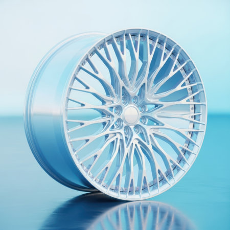 A detailed close-up of a modern silver alloy car wheel, showcasing its complex spoke design. The polished metal gleams under soft lighting, creating a sophisticated and dynamic visual.の素材