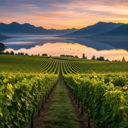 Golden sunrise illuminates a vast vineyard leading to a serene lake reflecting the colorful sky and distant mountains. This breathtaking natural landscape evokes tranquility and the beauty of agricultural cultivation.の素材