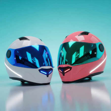 Two stylish full-face motorcycle helmets are showcased side-by-side. One is white with a blue visor, the other pink with a green visor, both featuring reflective detailing and unique designs.の素材