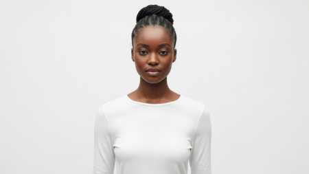 The image features a young woman with dark skin and dark hair styled in a bun. She is wearing a white long-sleeve top and is looking directly at the camera with a neutral expression. The background is plain and white, putting the focus entirely on her.の素材
