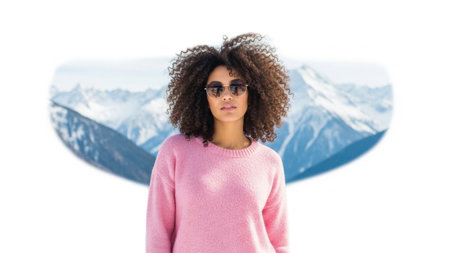 A young woman with curly hair and sunglasses stands in front of a scenic mountain background. She is wearing a pink sweater and appears to be posing for the camera. The mountains in the background are snow-capped and add a serene and adventurous feel to the image.の素材