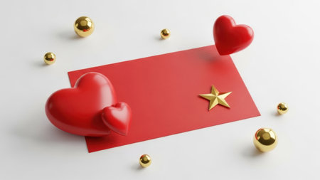 The image features a red envelope adorned with a golden star and surrounded by red hearts and golden spheres. The envelope is the central focus, with hearts and spheres scattered around it, creating a festive and celebratory atmosphere. The golden elements add a touch of elegance and warmth to the composition.の素材